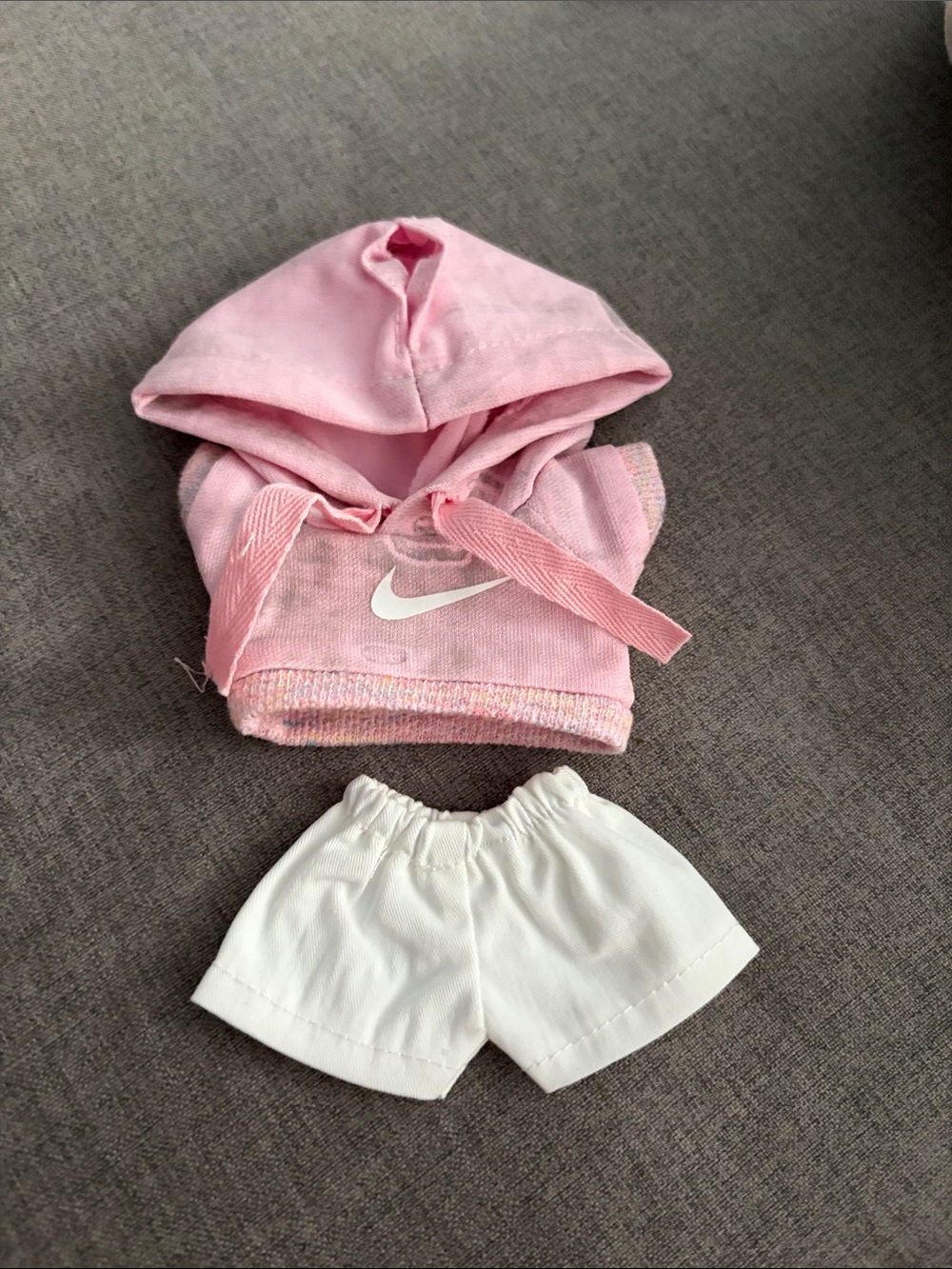 Labubu or XS doll Nike Pink Hoodie with White Shorts Outfit
